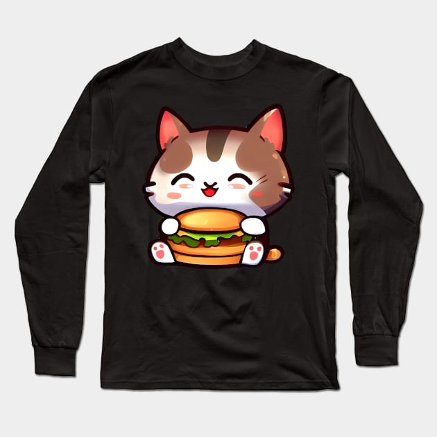 a cute cat holding a burger Long Sleeve T-Shirt by Arteria6e9Vena